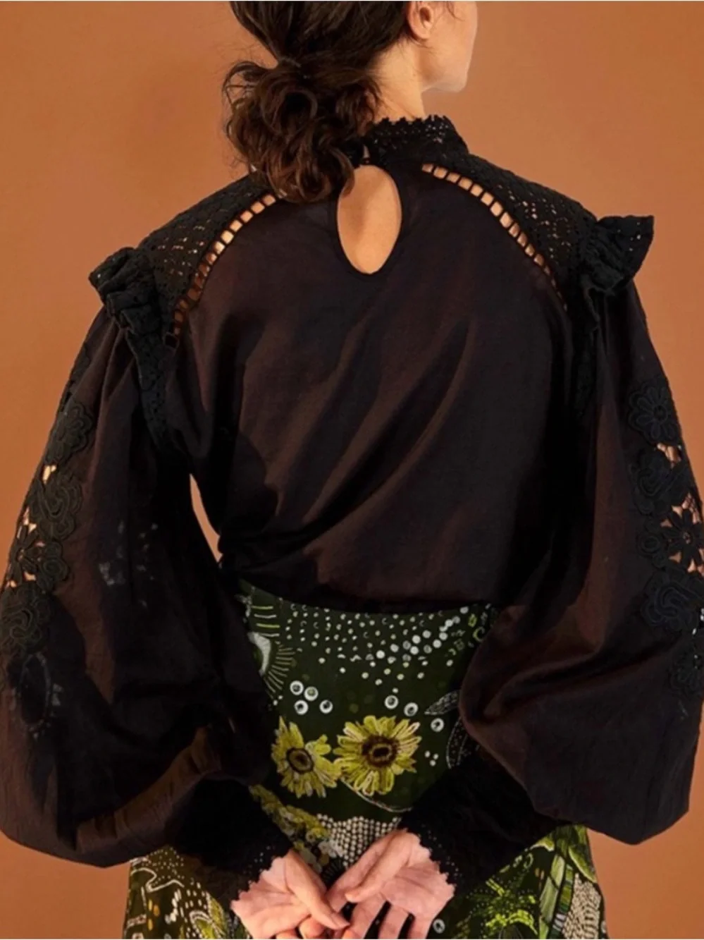 FARM Rio Black Eyelet and Lace High Neck Ruffle Blouse size large boho festival